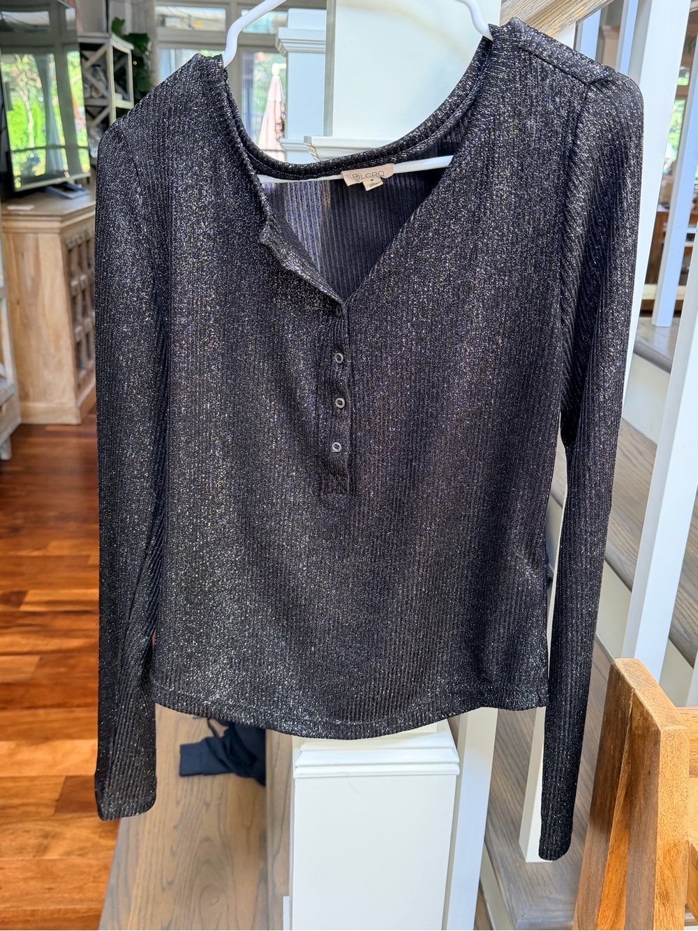 Anthropologie Women's Shimmery Black Long-Sleeve Henley Top